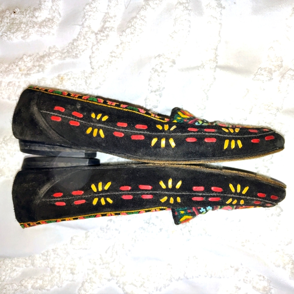 Susan Bennis Warren Edwards Black Suede Embroidered Vintage Loafer Flats Size 9 - Picture 3 of 8